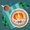 Vector illustration of pancakes with blueberries, orange and tangerine slices and a cup of coffee